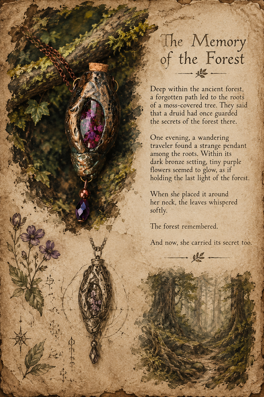 Illustrated fantasy codex page featuring the forest-inspired necklace