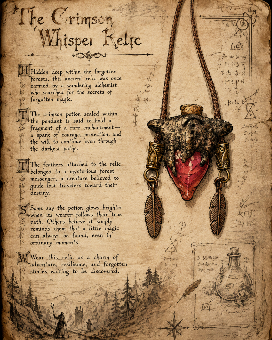 Handmade fantasy potion necklace and crimson amulet with feather charms and braided cord, illustrated on an antique parchment
