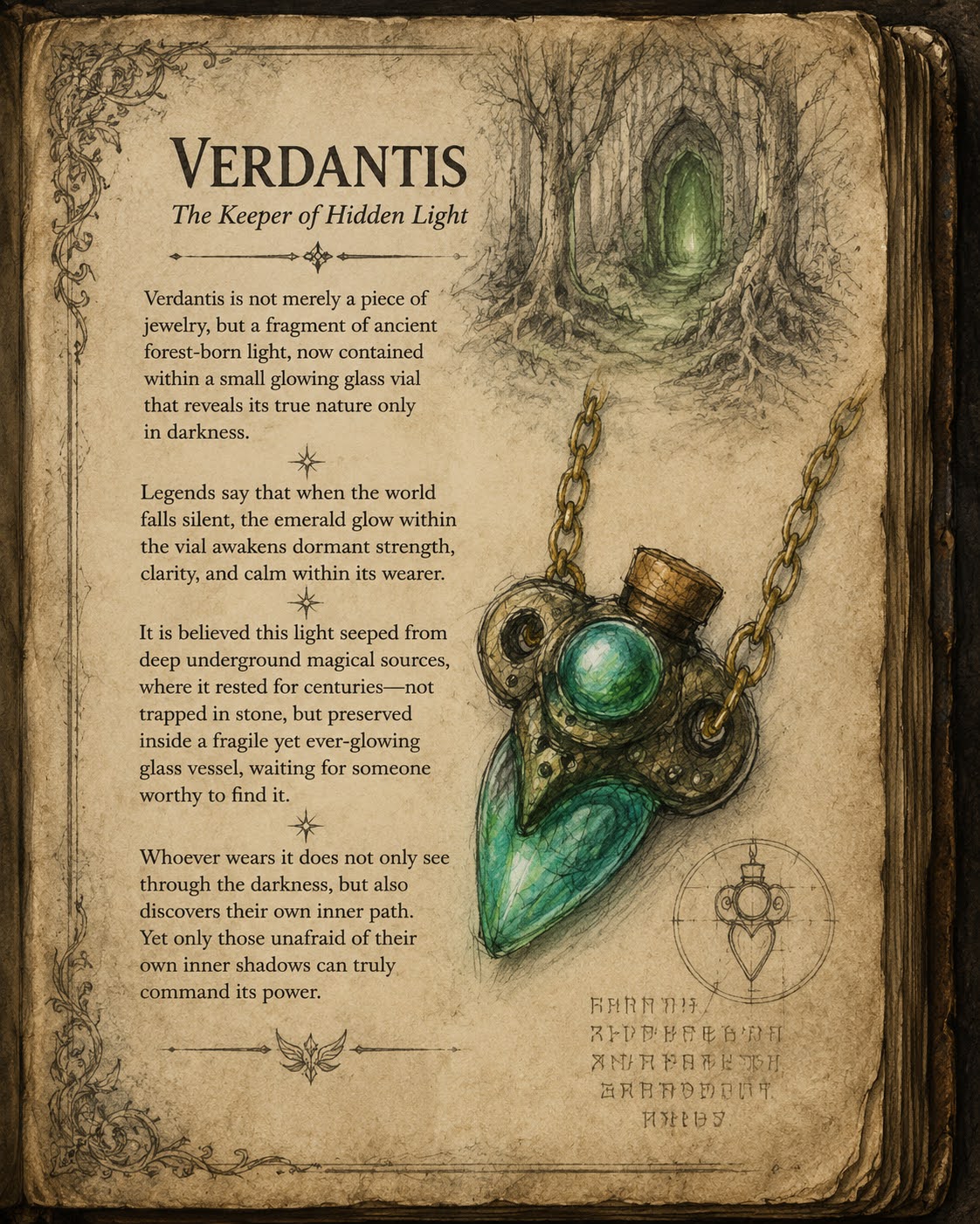 Illustration of the Ancient Green Potion pendant in a fantasy RPG concept art style, resembling an item sketch from a tabletop role-playing game handbook.
