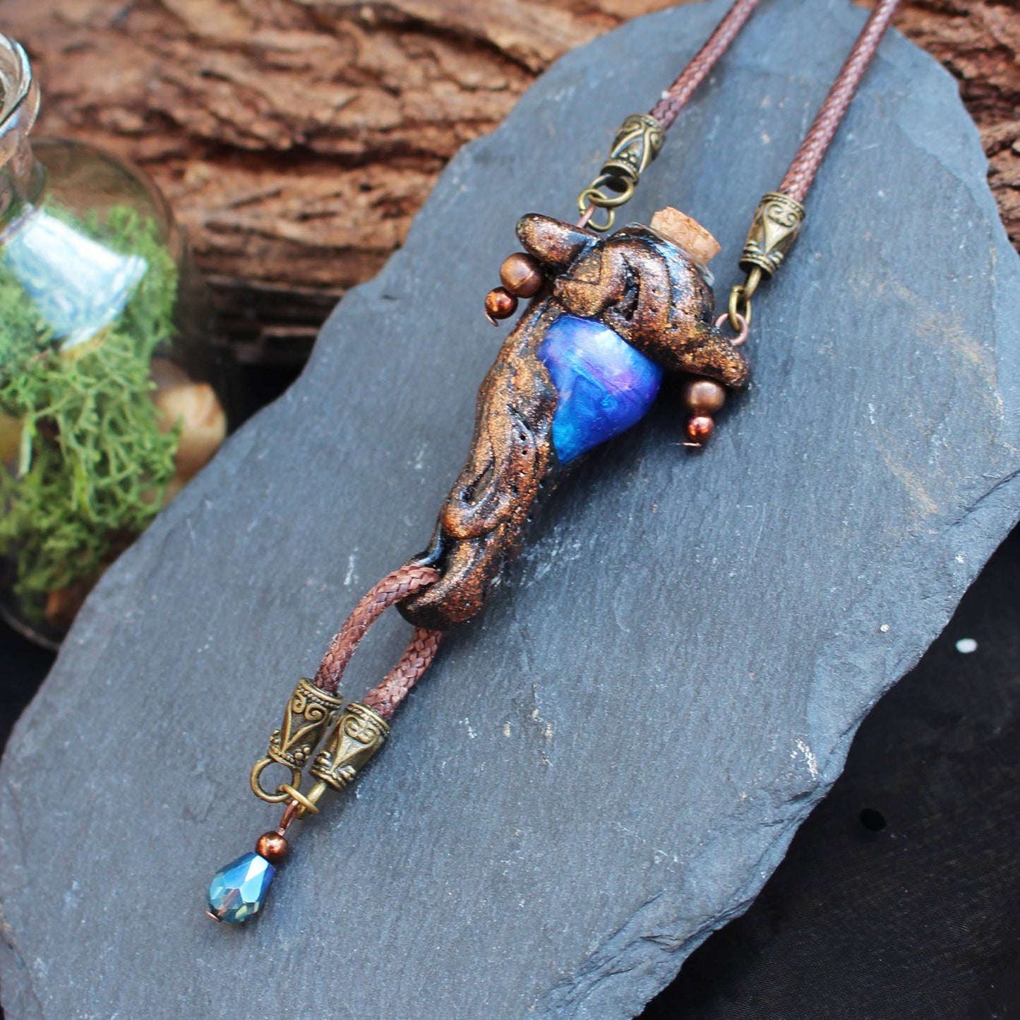 Handmade fantasy potion necklace with rune details and fairycore woodland design