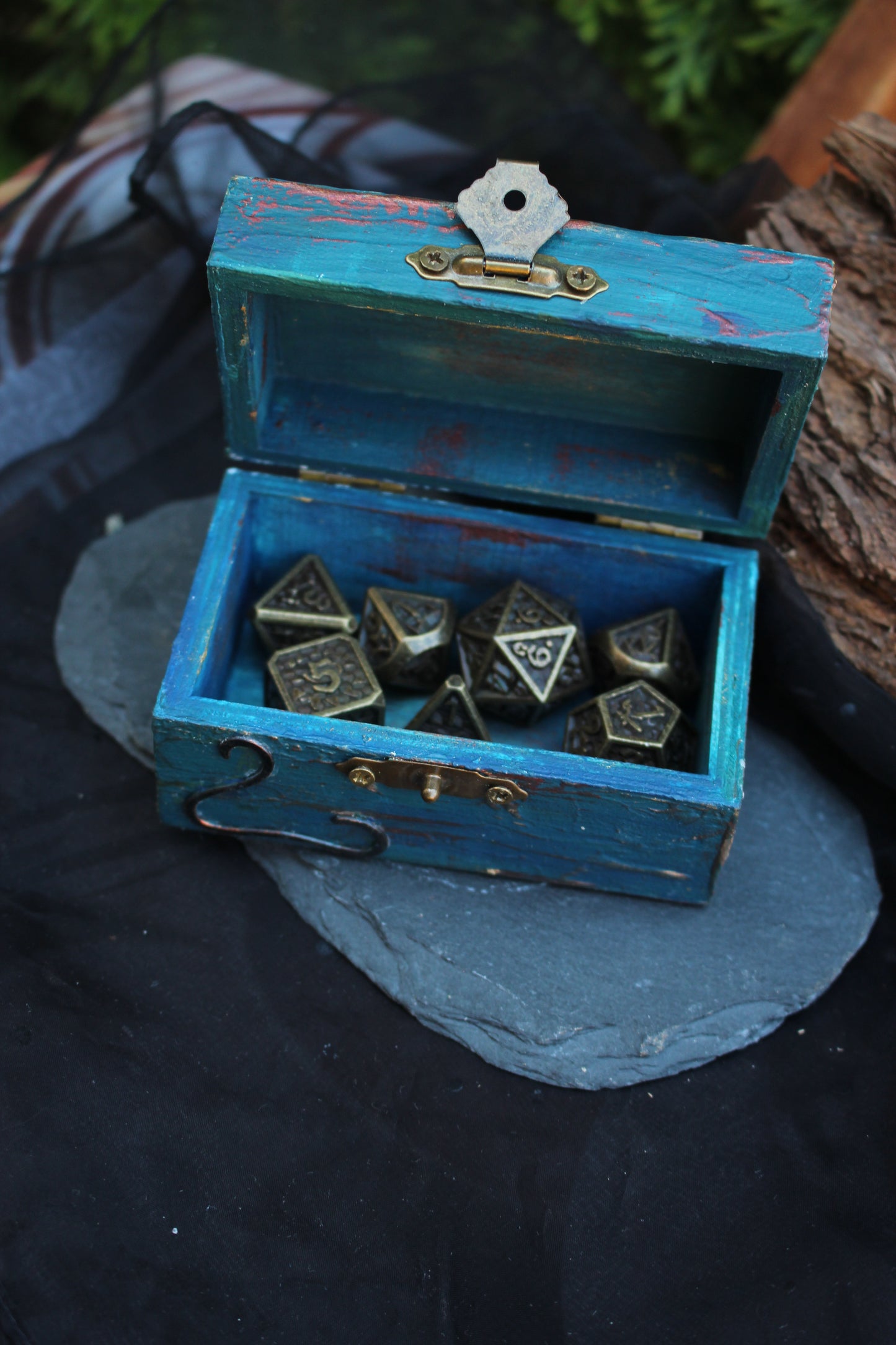 Handmade fantasy treasure chest featuring a labradorite gemstone