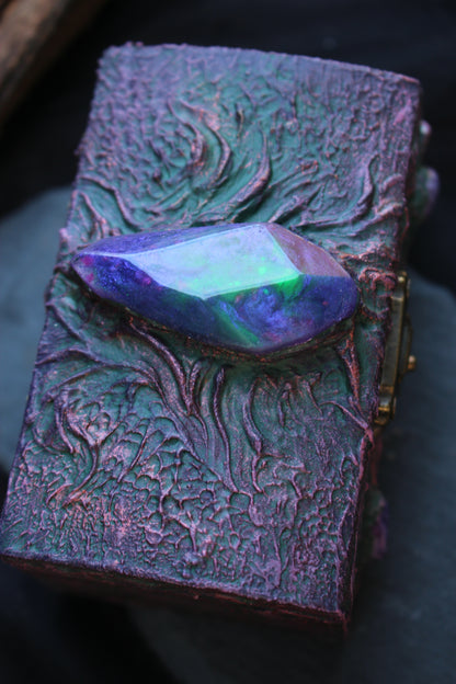 Fantasy-inspired wooden keepsake box with glowing crystal