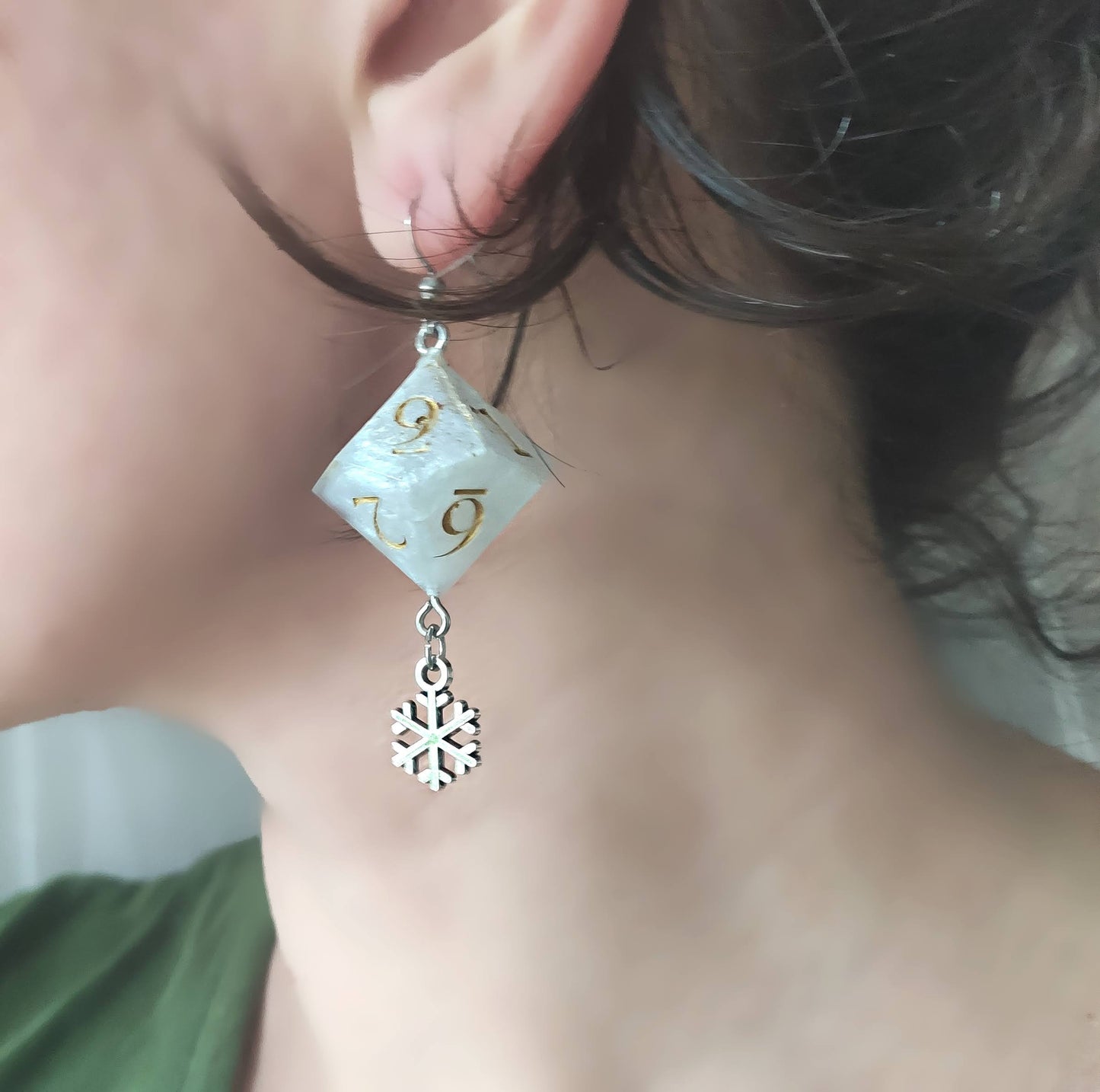 Festive winter D10 earrings inspired by tabletop role-playing games