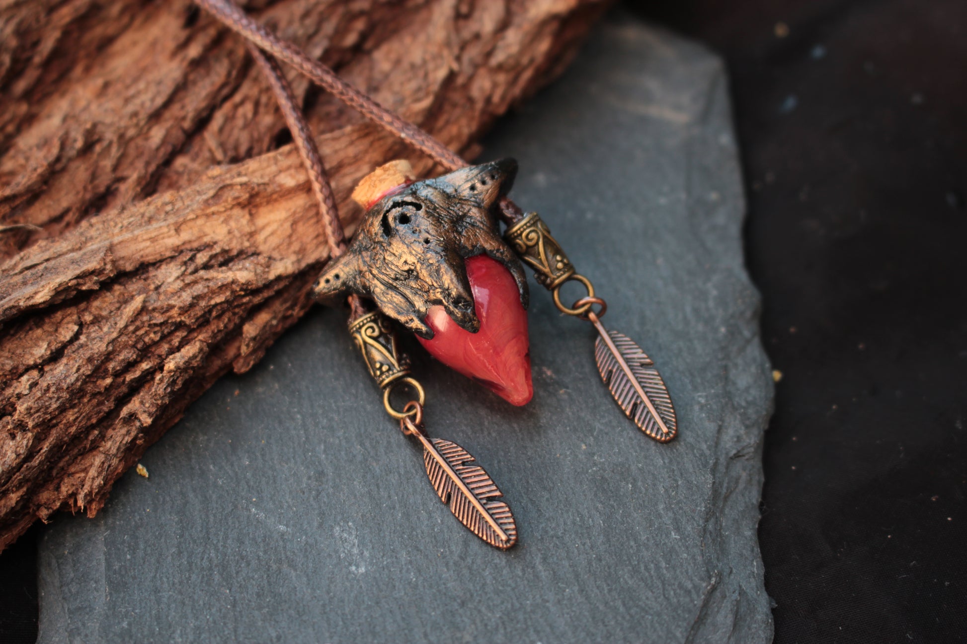 Fantasy forest inspired necklace with feather charms and ancient relic style