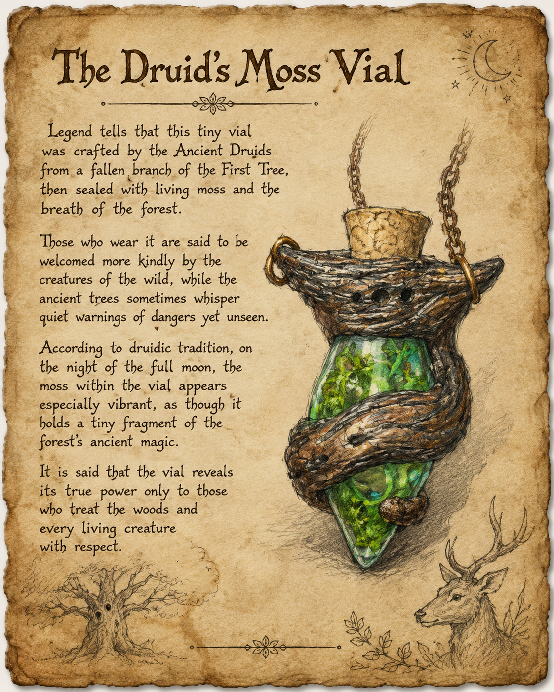 Illustration of the Druid Moss Potion Pendant in a fantasy RPG concept art style, resembling an item sketch from a tabletop role-playing game adventure handbook