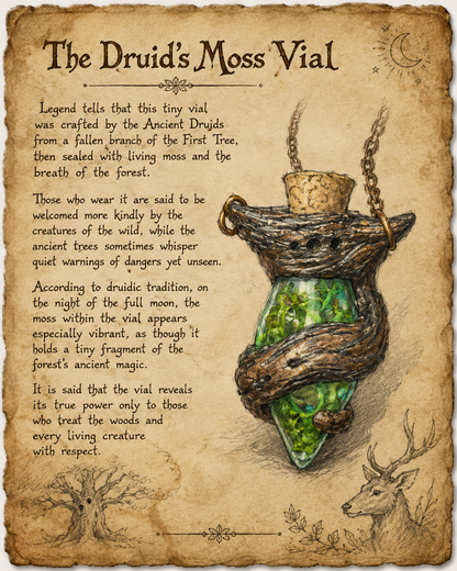 Illustration of the Druid Moss Potion Pendant in a fantasy RPG concept art style, resembling an item sketch from a tabletop role-playing game adventure handbook