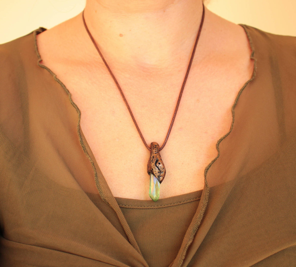 Handmade enchanted forest necklace with bronze and green details