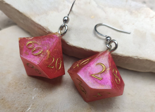 Elegant Salmon Pink and Gold Gamer Earrings with D10 Dice