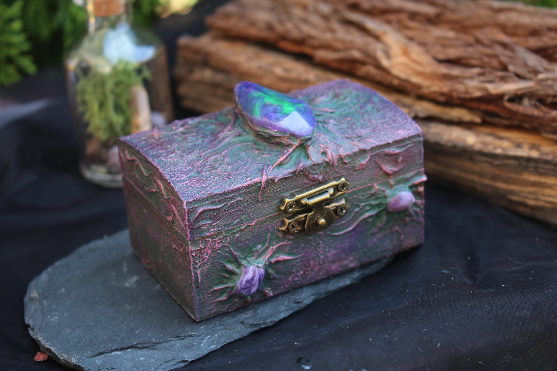 Gothic wooden treasure chest with magical crystal decoration