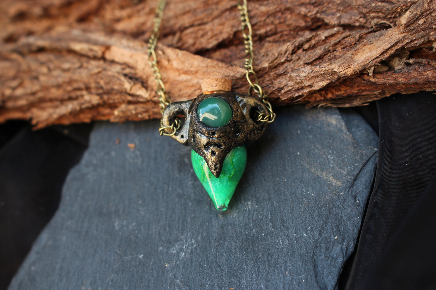 Fantasy necklace with a natural Green Quartz gemstone and potion pendant