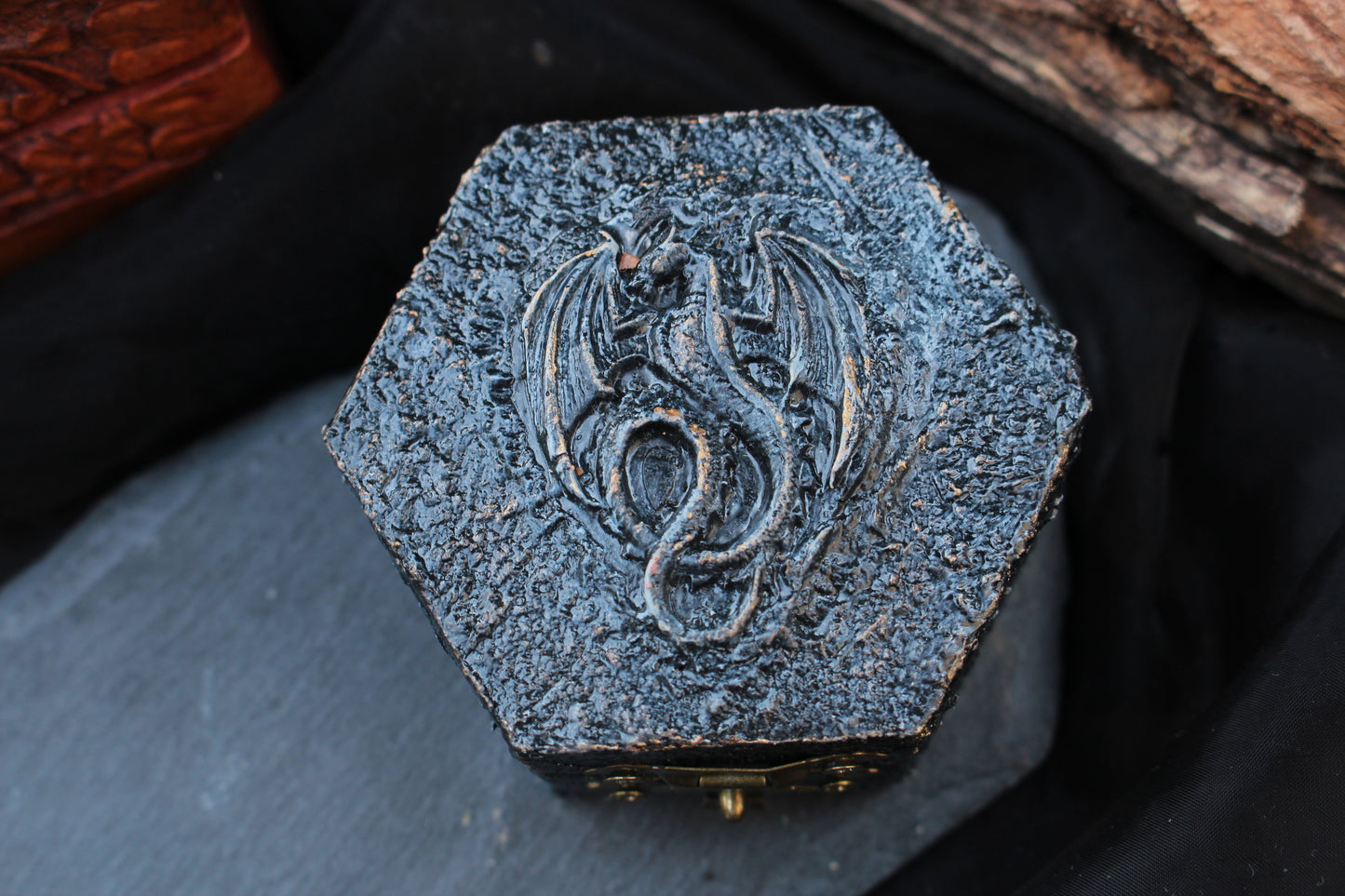 Hand-painted wooden dragon chest with textured finish