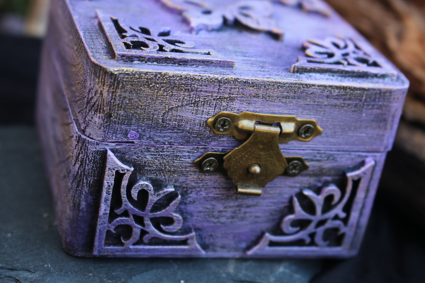 Hand-painted wooden keepsake box in purple with butterfly motif