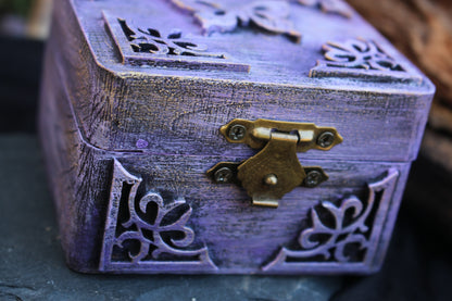 Hand-painted wooden keepsake box in purple with butterfly motif
