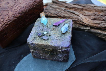 Handcrafted magical wooden keepsake box with glowing potion vial
