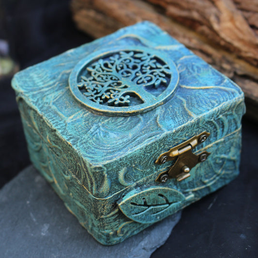 Handcrafted Tree of Life wooden jewelry box with a mystical green and gold finish