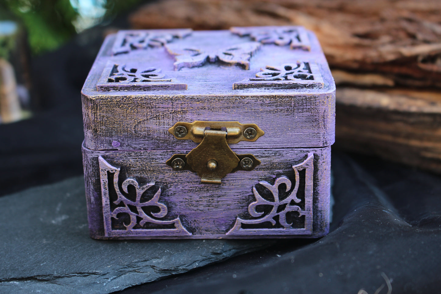 Purple hand-painted wooden jewelry box with butterfly decoration
