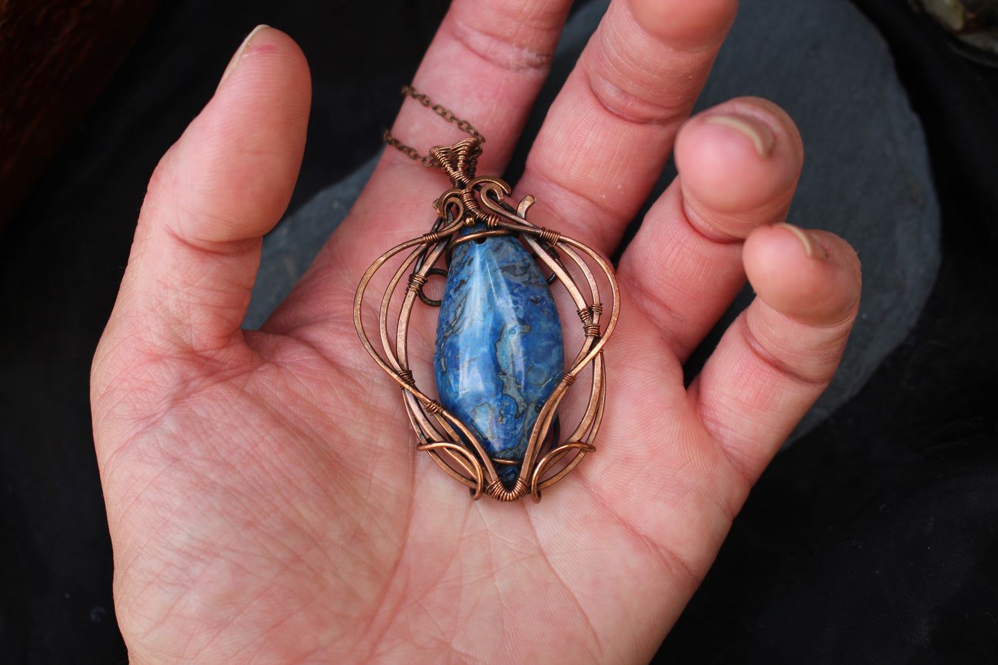 Artisan copper wire wrapped blue crazy agate pendant jewelry gift for women