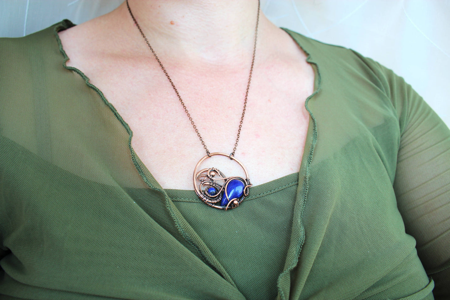 Artisan Boho Natural Stone Necklace with Copper Wire Design