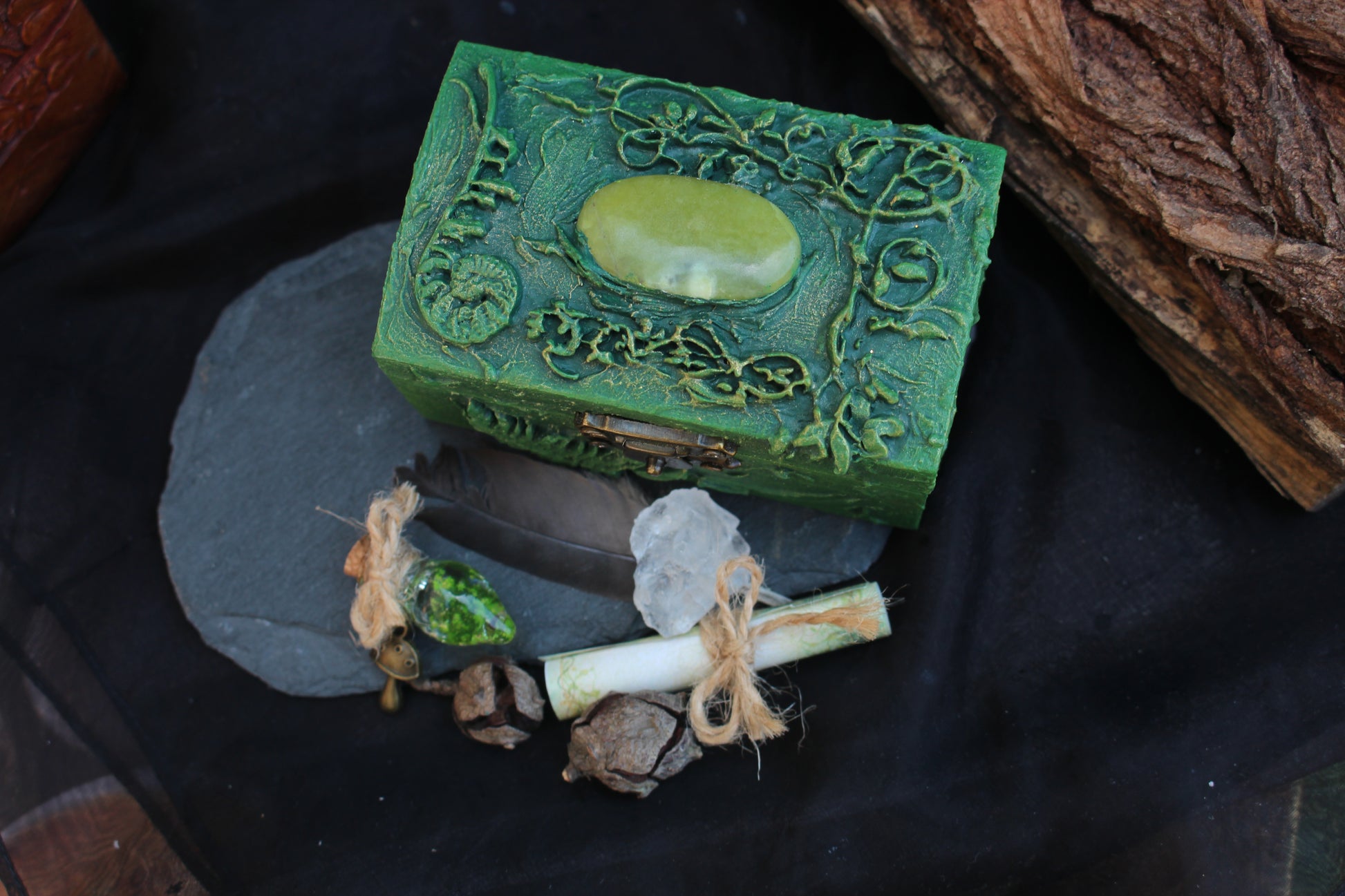 Fantasy wooden treasure chest with symbolic curated items