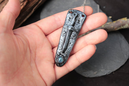 Polymer clay sword necklace with metallic finish and gemstone