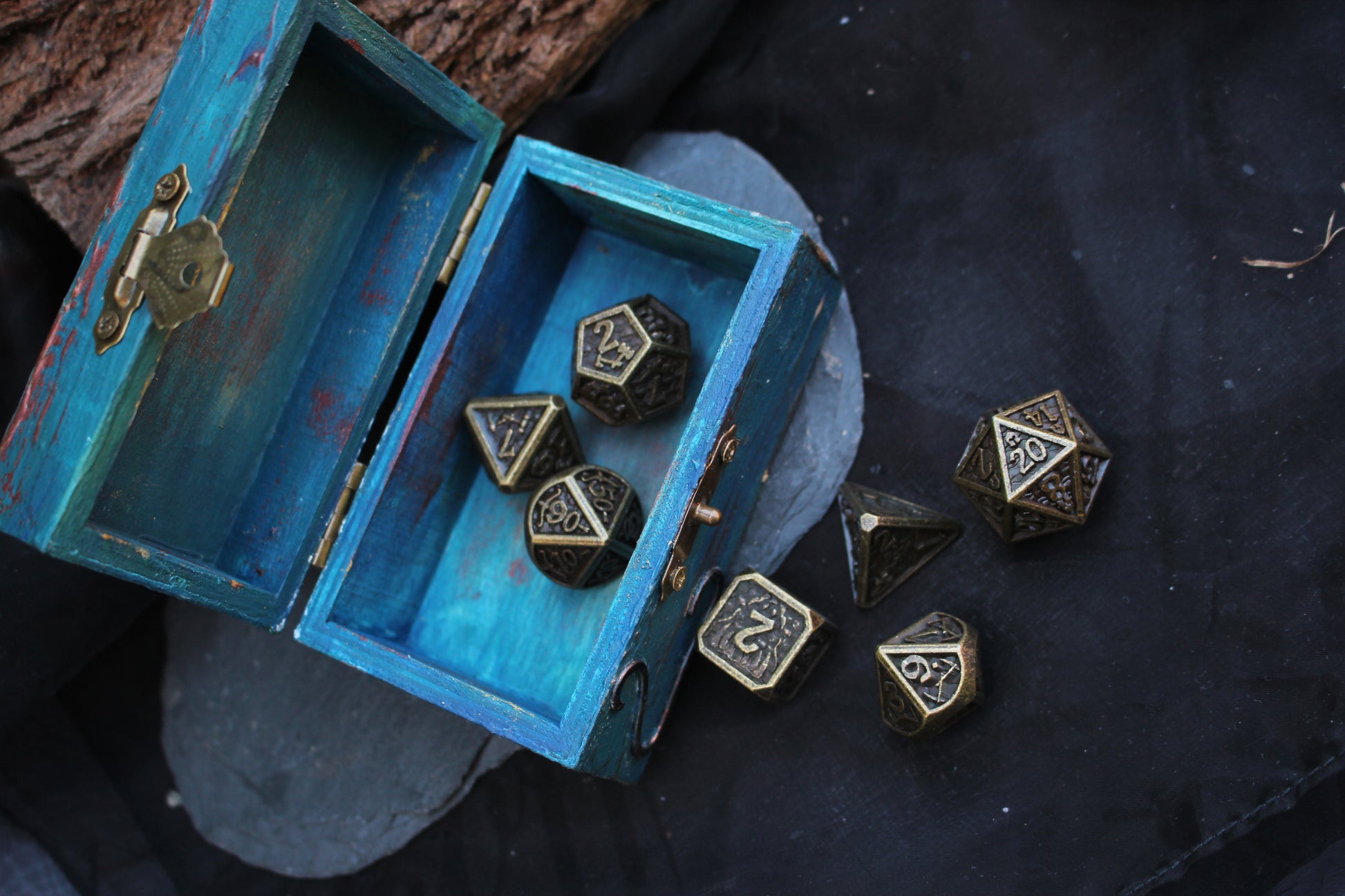 Unique handmade RPG gift featuring a wooden chest and bronze metal dice