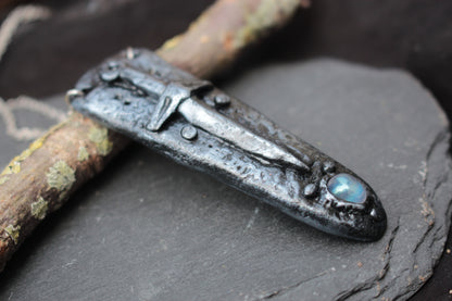 Handmade fantasy sword amulet with gemstone and metallic finish