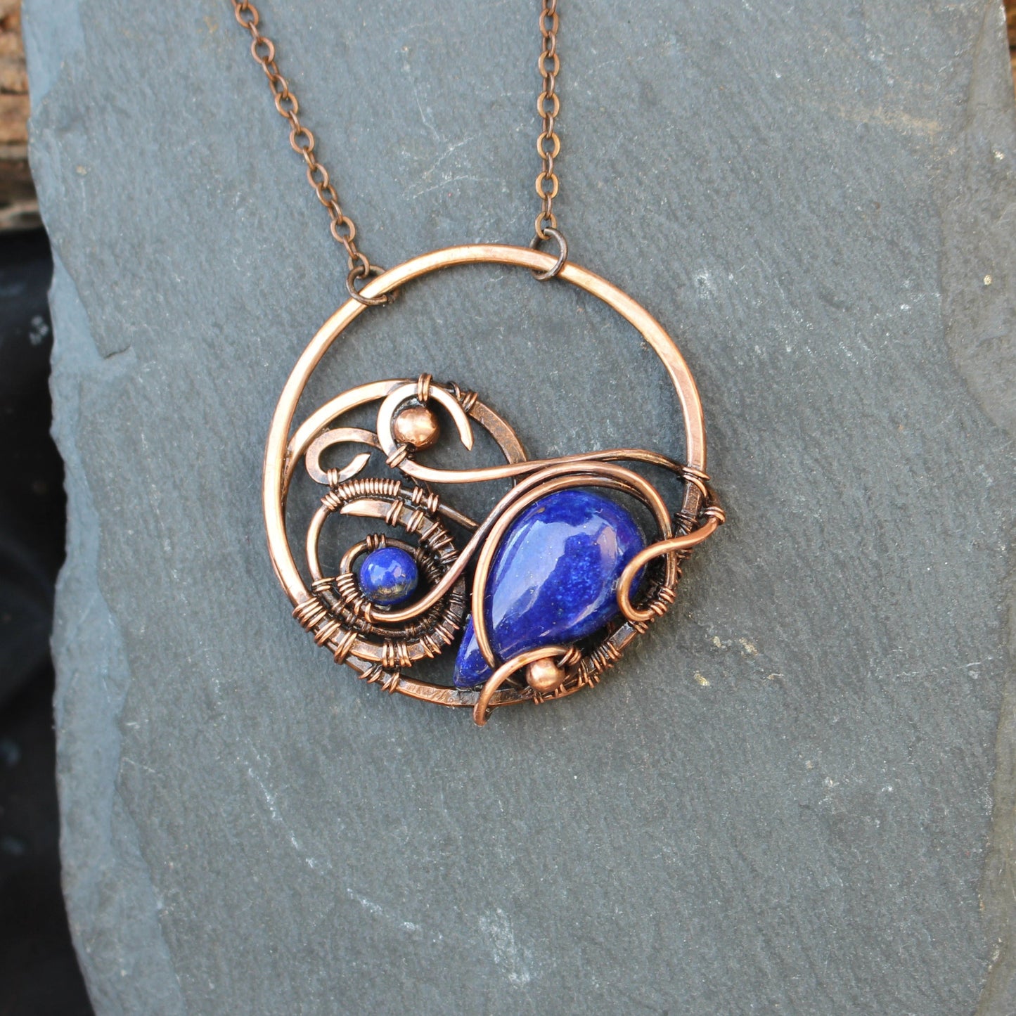 Handmade copper wire wrapped gemstone necklace with natural stone pendant