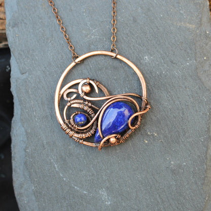 Handmade copper wire wrapped gemstone necklace with natural stone pendant