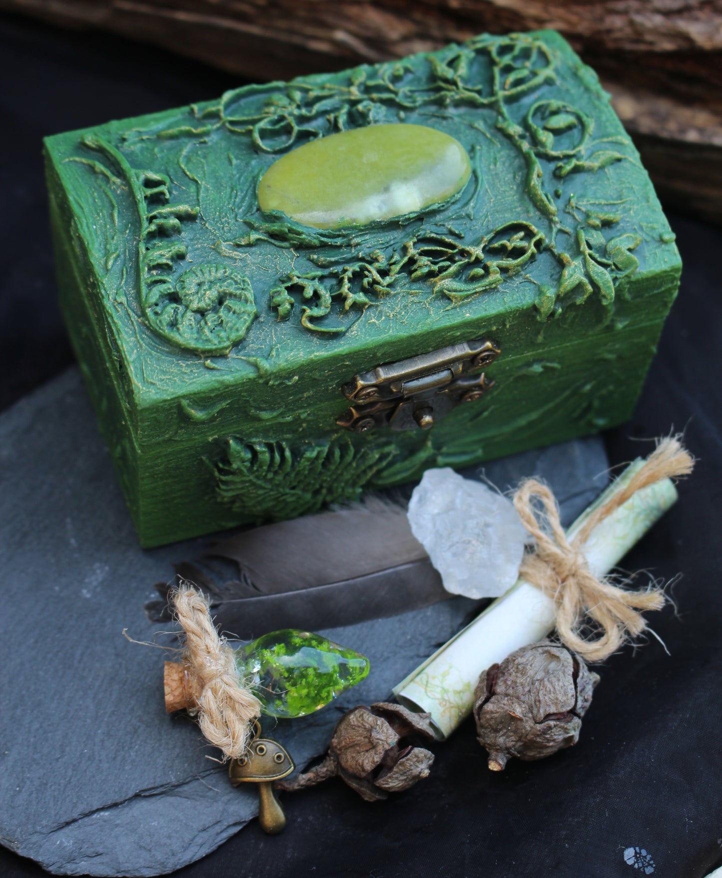 Handmade wooden treasure chest with gemstone decoration
