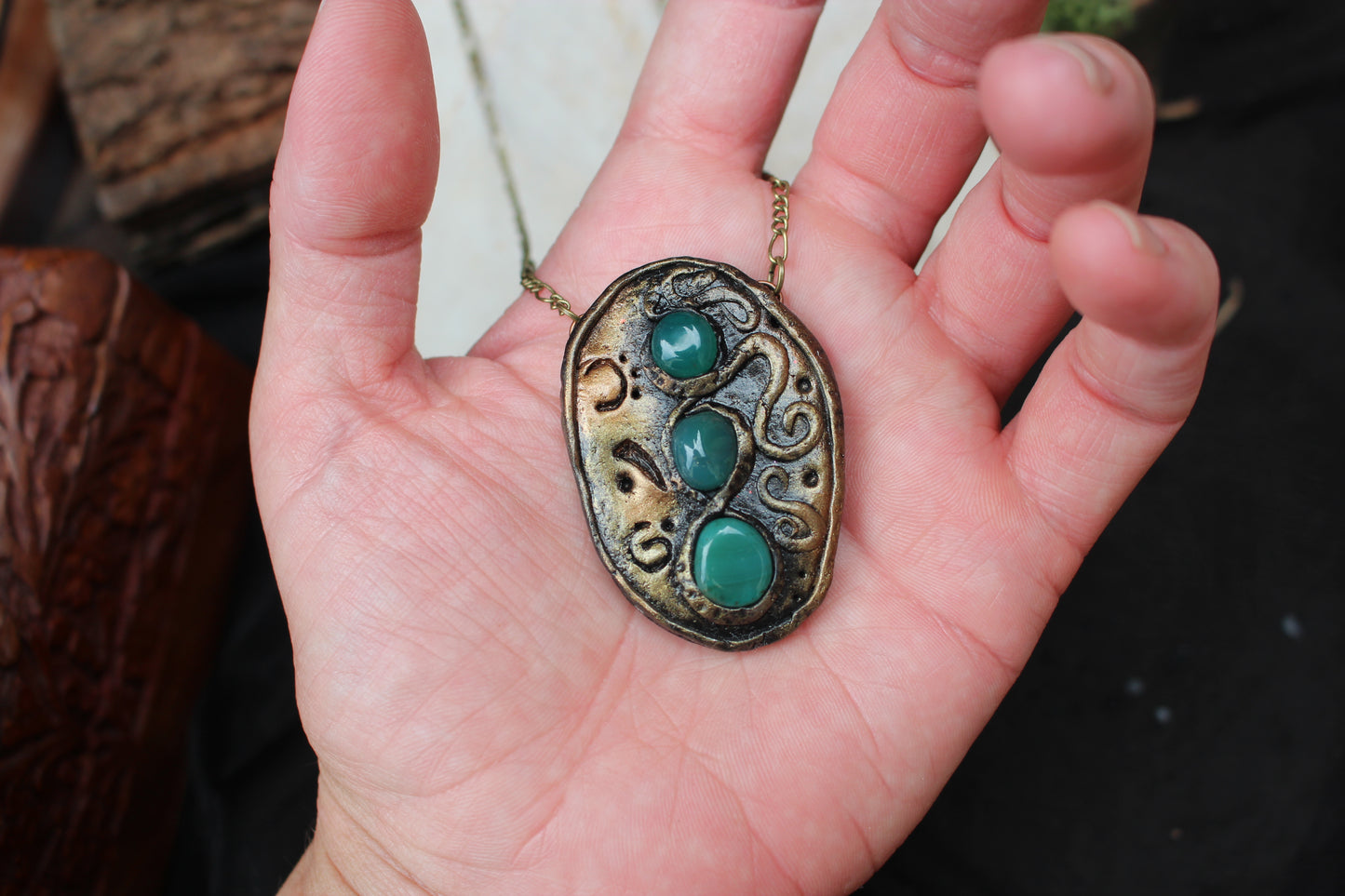 Nature inspired fantasy necklace with green agate and rustic handcrafted design