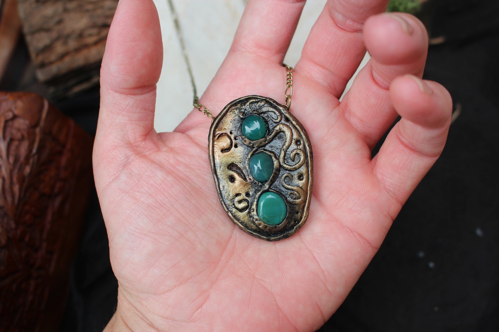 Nature inspired fantasy necklace with green agate and rustic handcrafted design