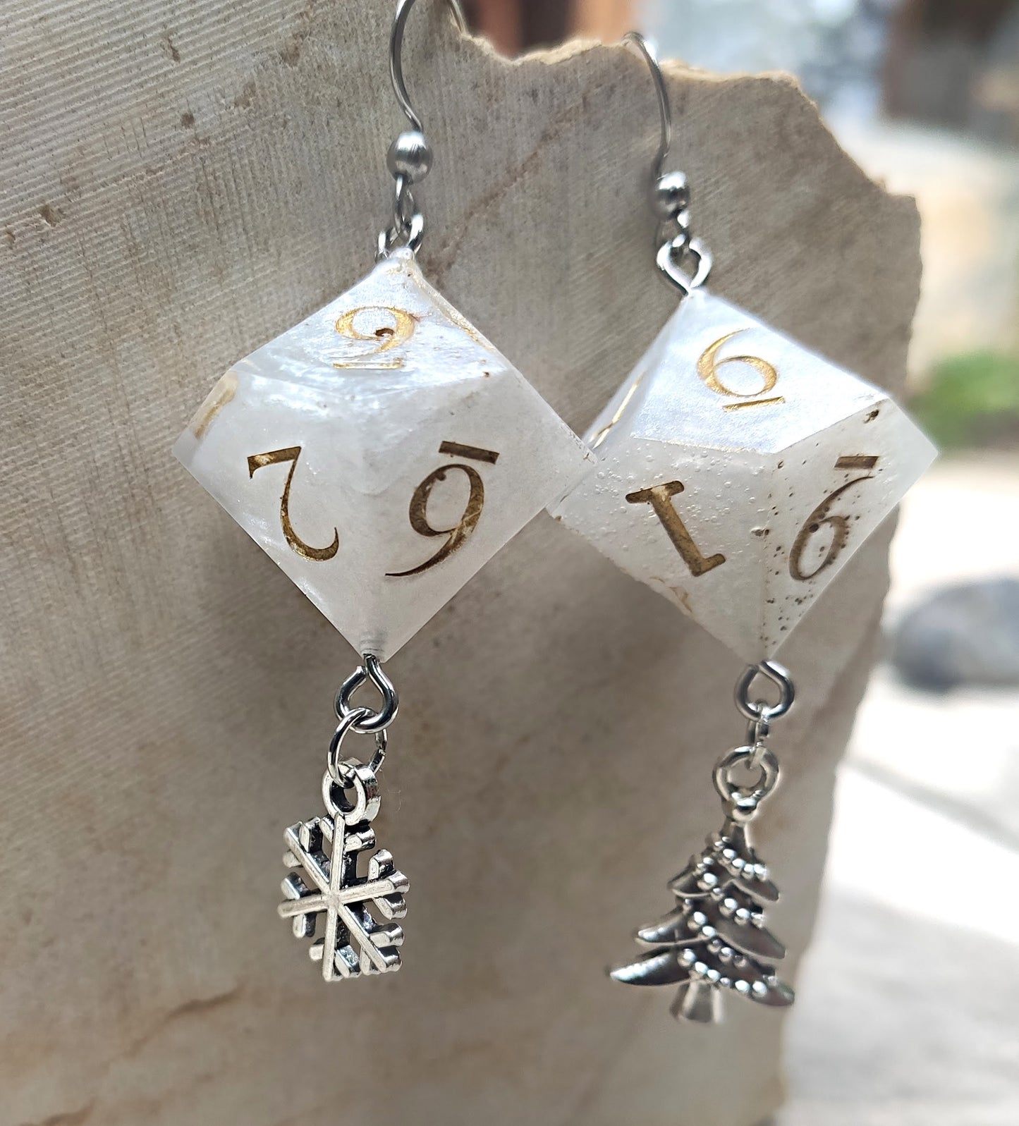 Fantasy gamer earrings with holiday themed decorations
