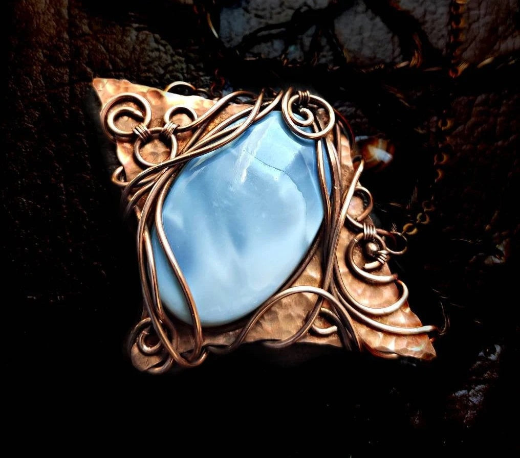 Large artisan blue opal pendant with polished patinated copper frame
