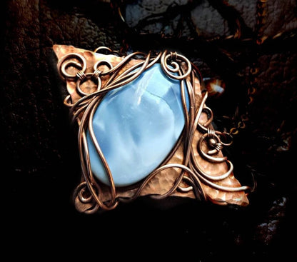Large artisan blue opal pendant with polished patinated copper frame