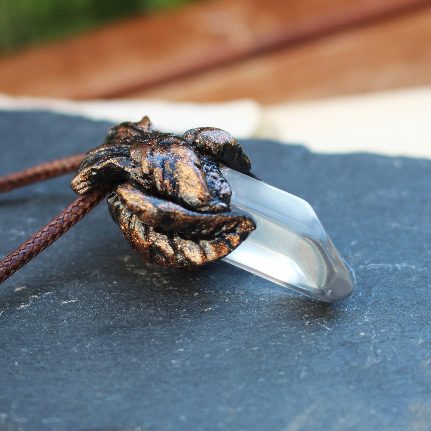 Handmade leaf necklace with genuine Quartz Crystal