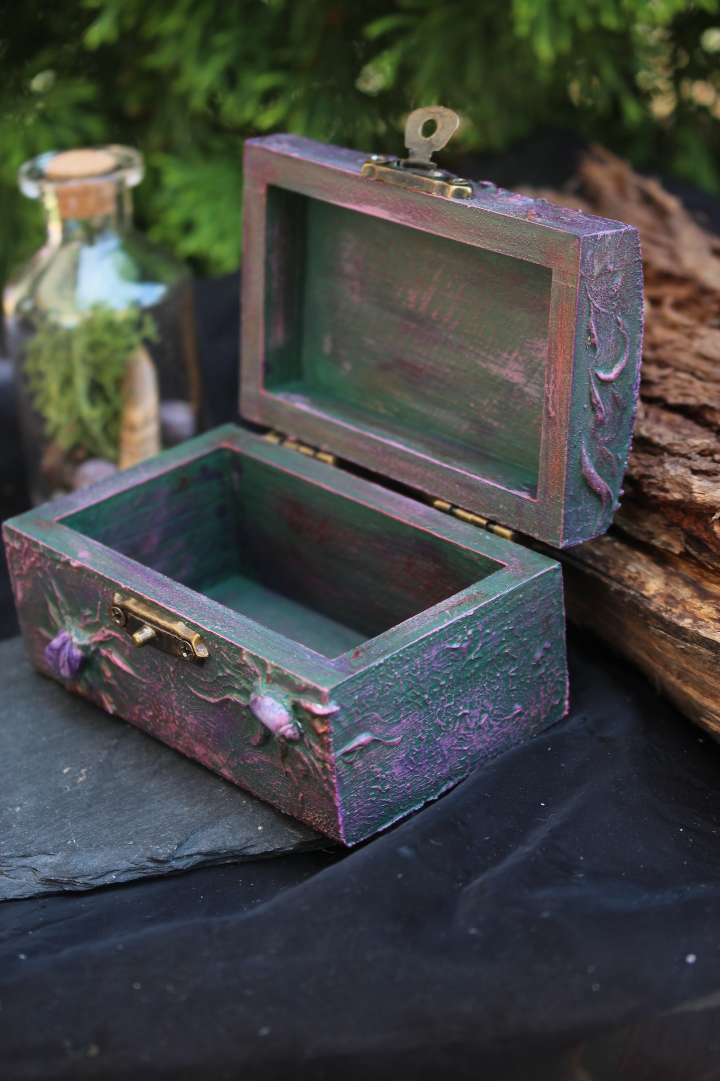 Unique handmade magical keepsake chest with purple crystal