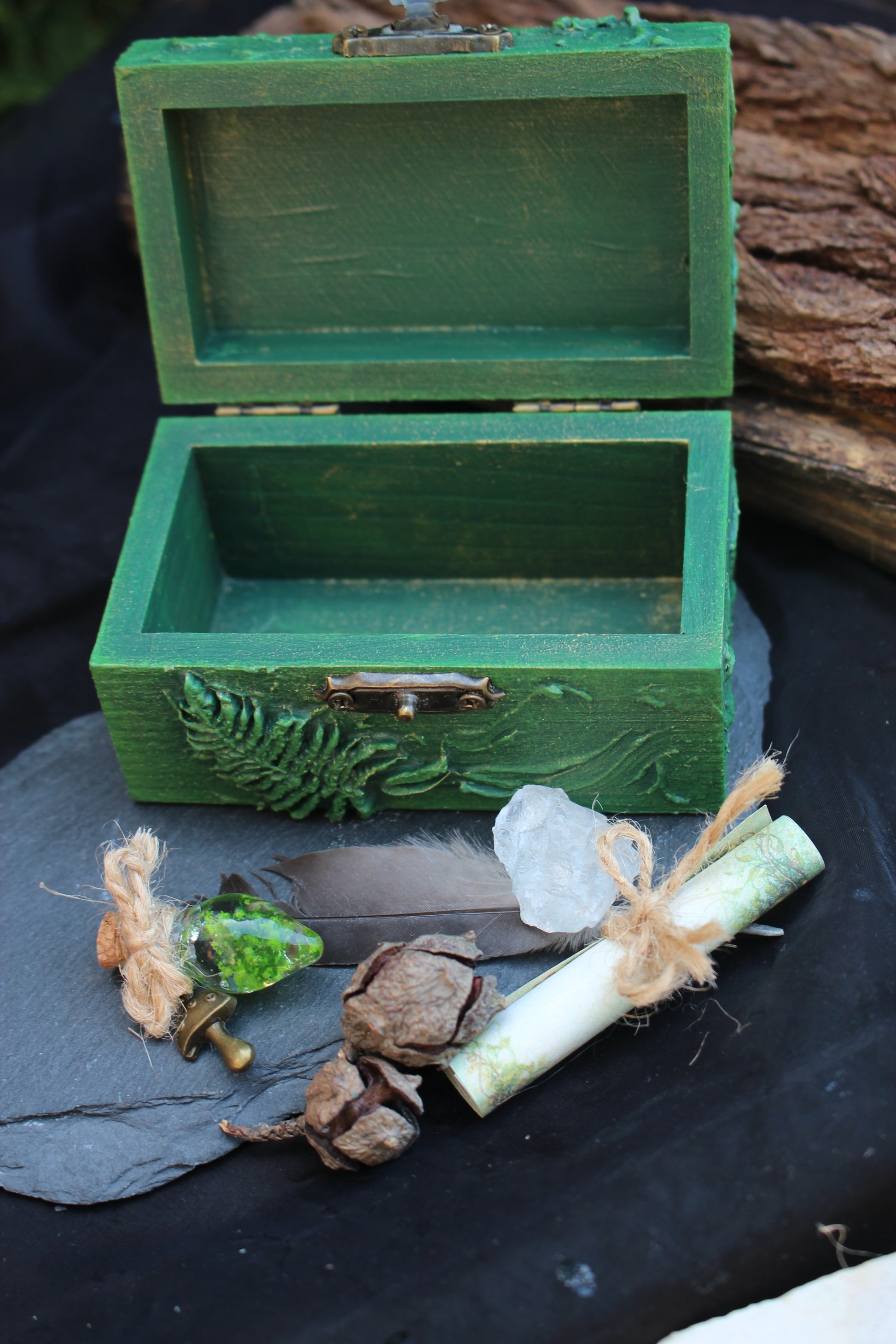 Magical wooden treasure box with hidden symbolic items