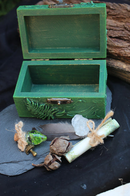 Magical wooden treasure box with hidden symbolic items