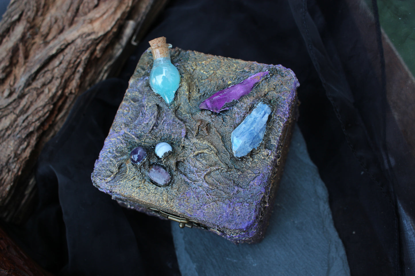 Magical wooden box for jewelry crystals and keepsakes