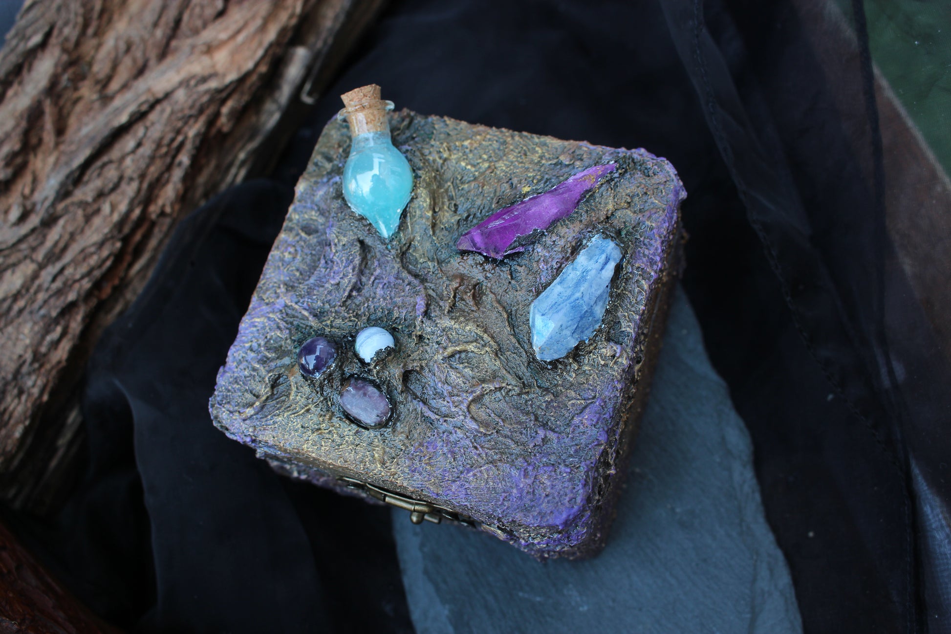 Magical wooden box for jewelry crystals and keepsakes