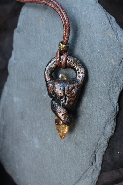 Medieval-style crystal amulet necklace with handmade fantasy details