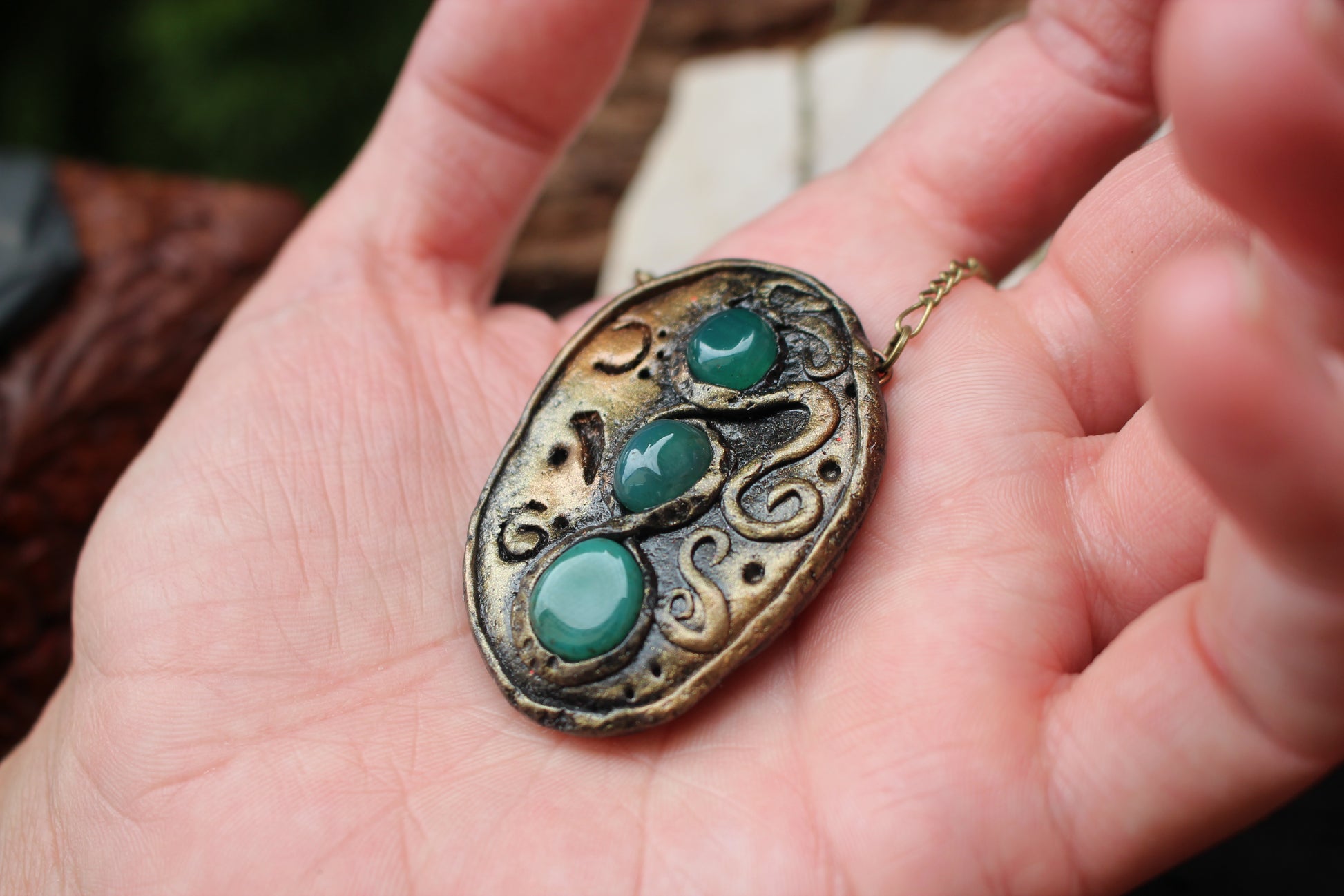 Medieval inspired rune necklace with handcrafted details and green agate stones