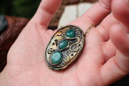 Medieval inspired rune necklace with handcrafted details and green agate stones
