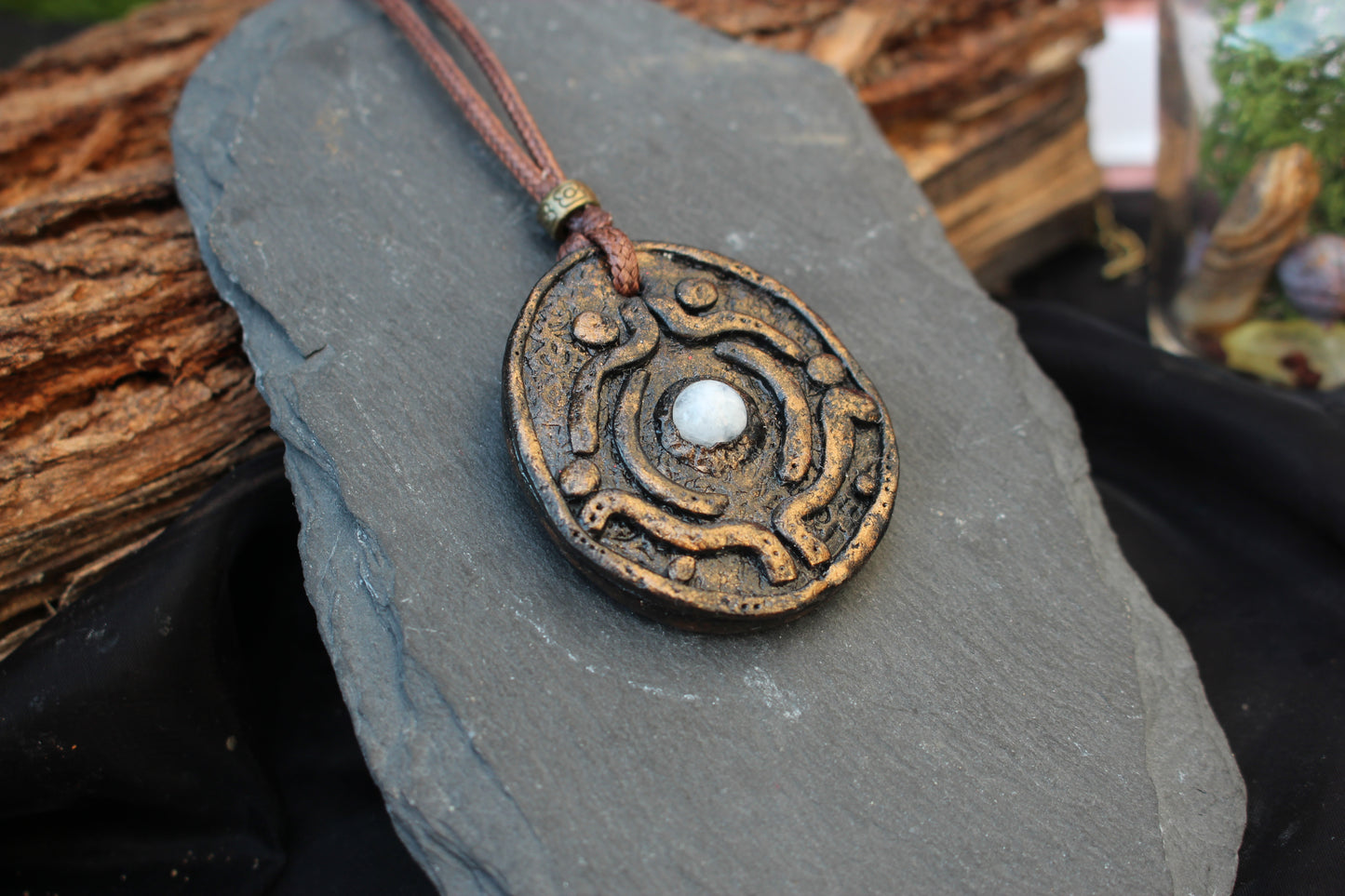 Medieval-inspired Moonstone amulet necklace handcrafted from polymer clay