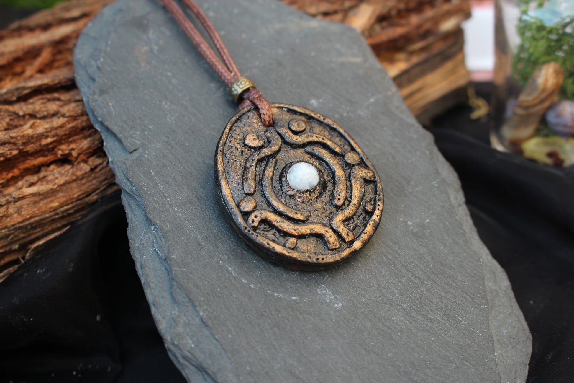 Medieval-inspired Moonstone amulet necklace handcrafted from polymer clay