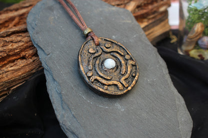 Medieval-inspired Moonstone amulet necklace handcrafted from polymer clay