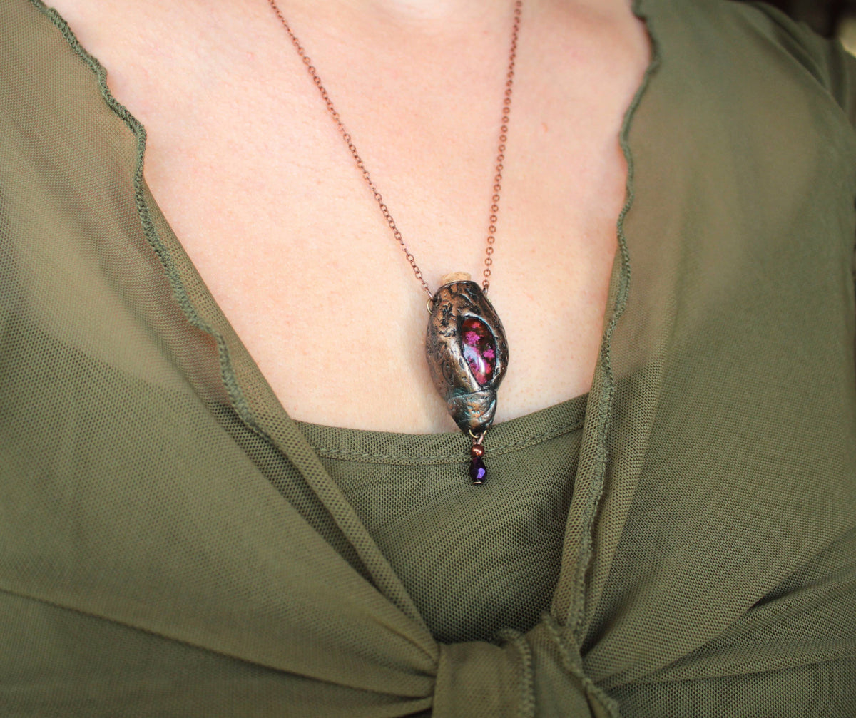 Druid-inspired fantasy necklace with artificial moss and rustic woodland details