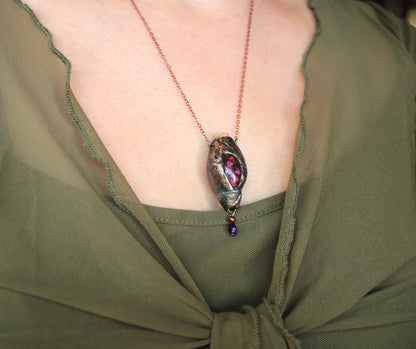 Druid-inspired fantasy necklace with artificial moss and rustic woodland details