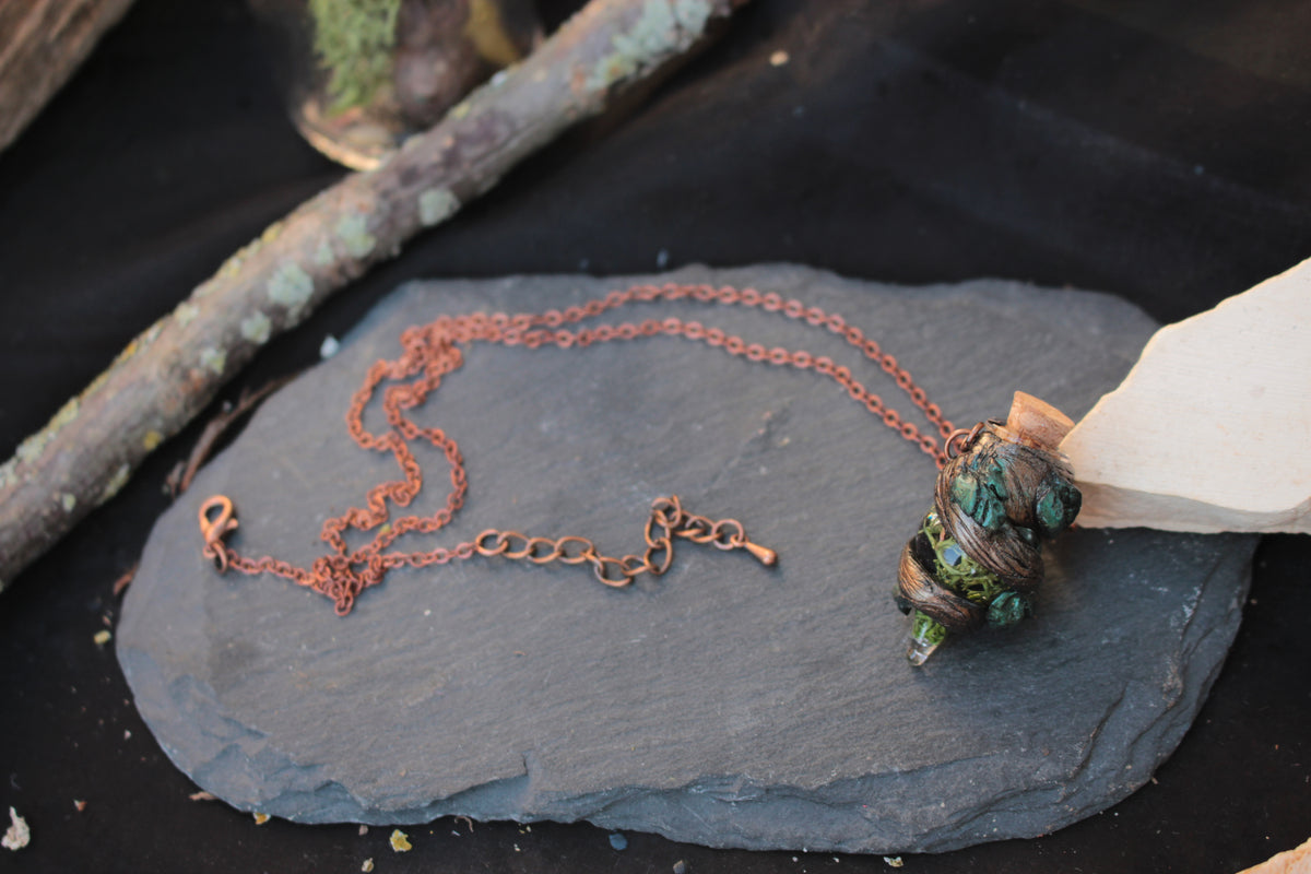 Magical handmade necklace inspired by druidic nature magic and forest moss