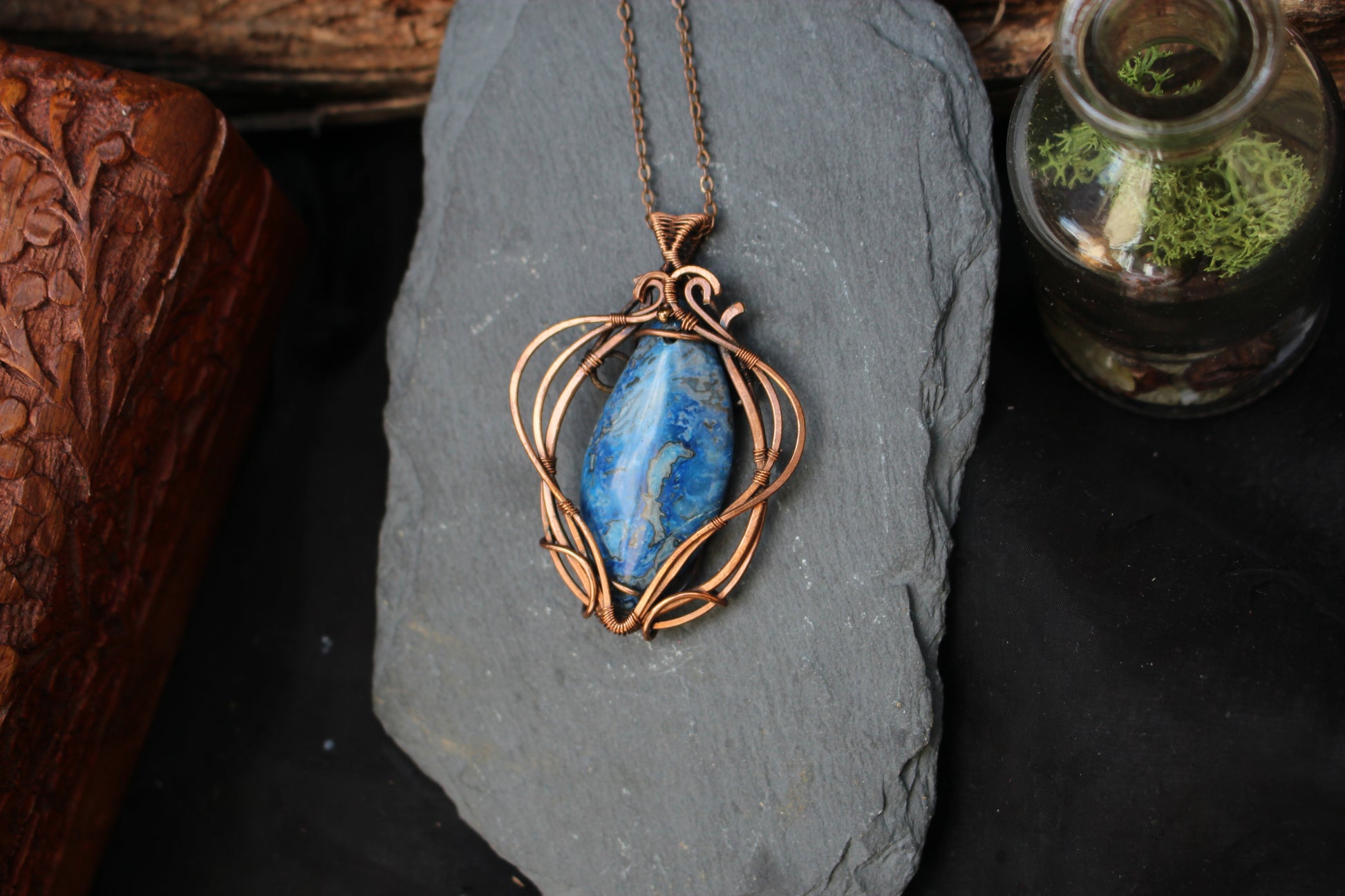 Natural blue crazy agate cabochon pendant with handcrafted copper wire wrap